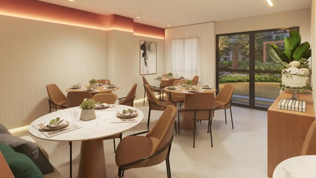 011 Brooklin Residence, salão de festas com mesas e área gourmet