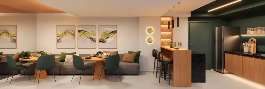 011 Brooklin Residence, lounge de convívio com sofás e bancada