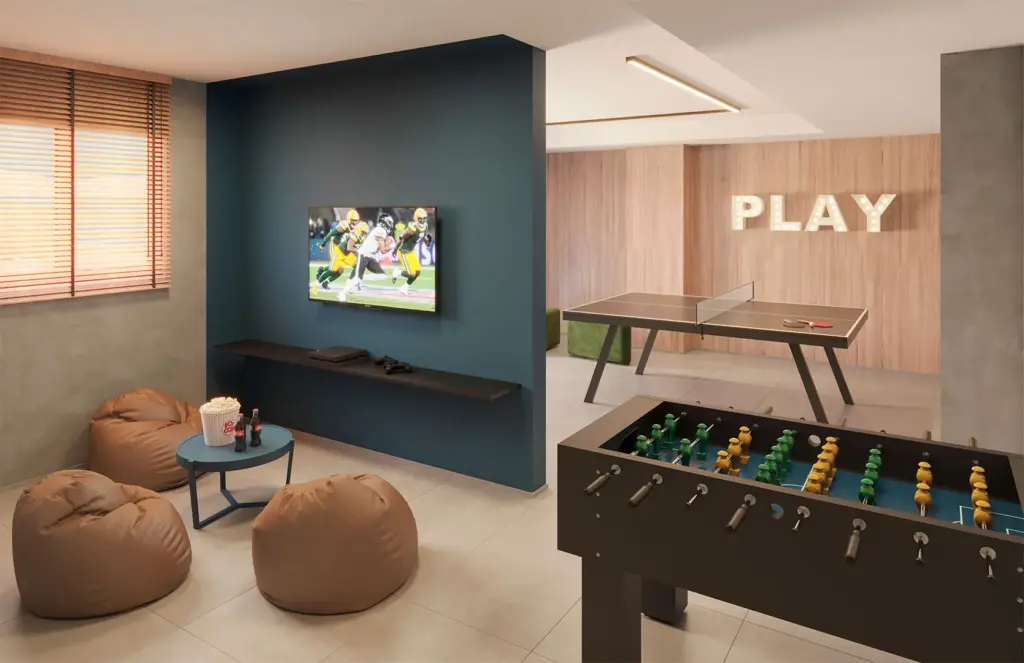 011 Brooklin Residence, sala de jogos com pebolim e pufes