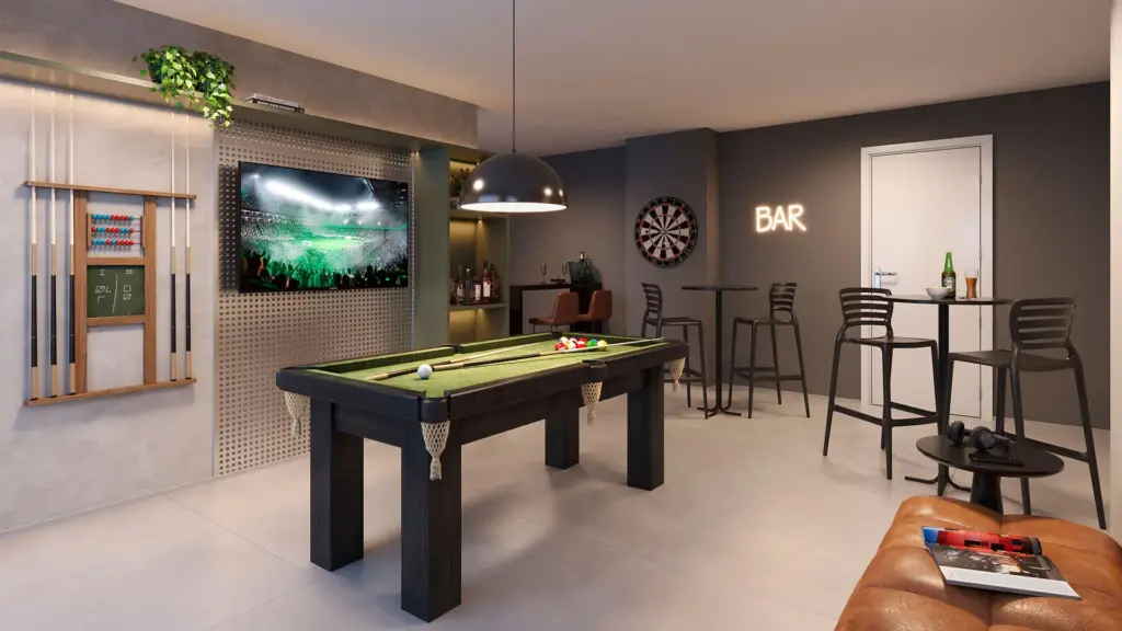 011 Brooklin Residence, sala de jogos com mesa de sinuca, dardos e bar