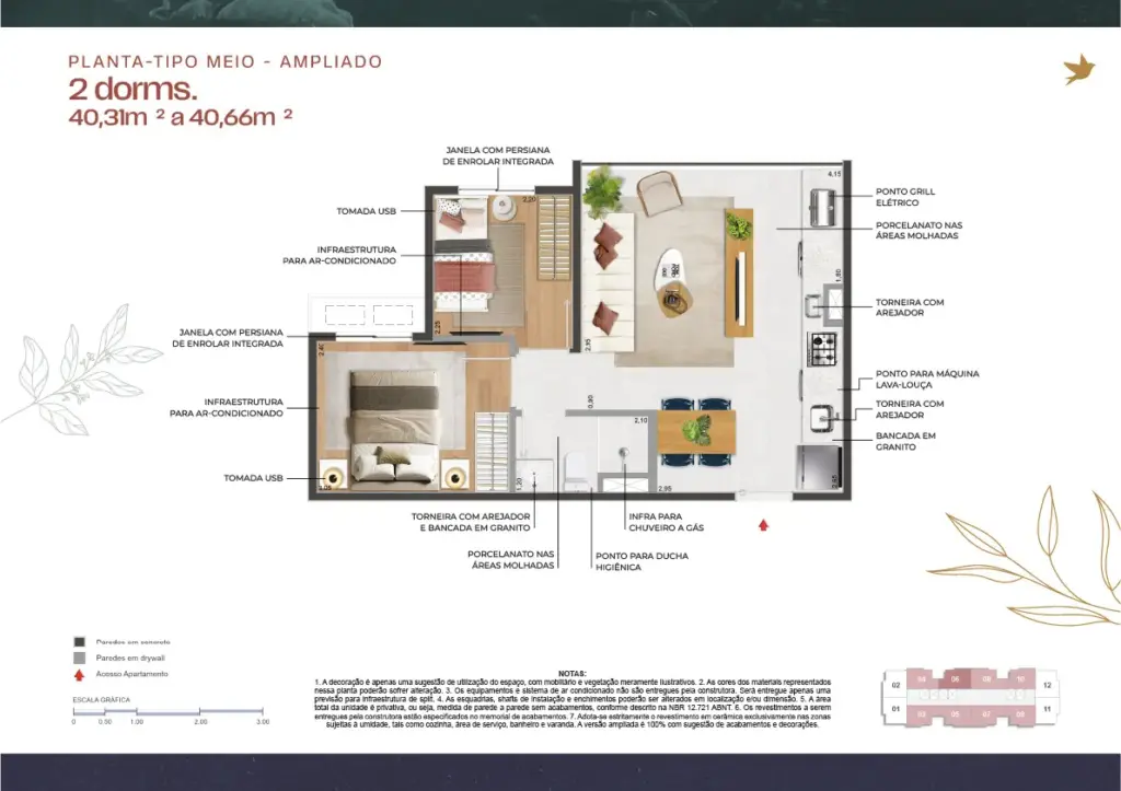 011 Brooklin Residence, planta tipo meio ampliado de 2 dormitórios
