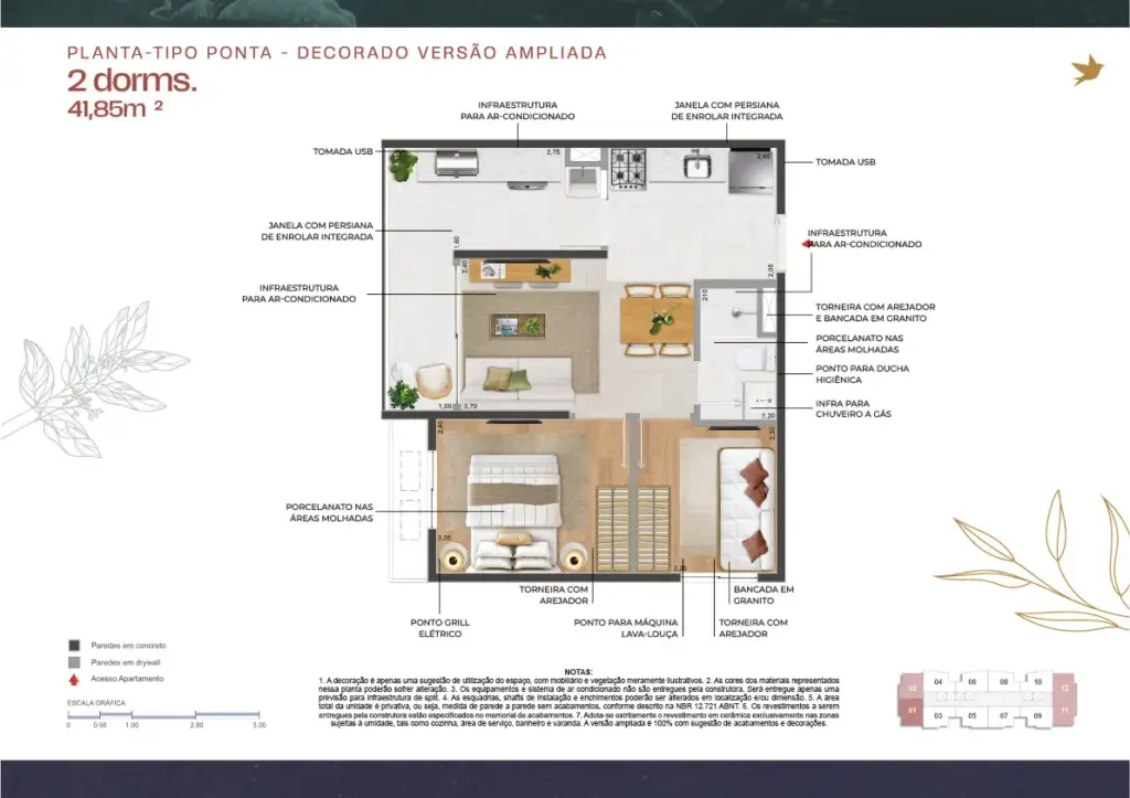 011 Brooklin Residence, planta tipo ponta decorada em versão ampliada, 2 dormitórios