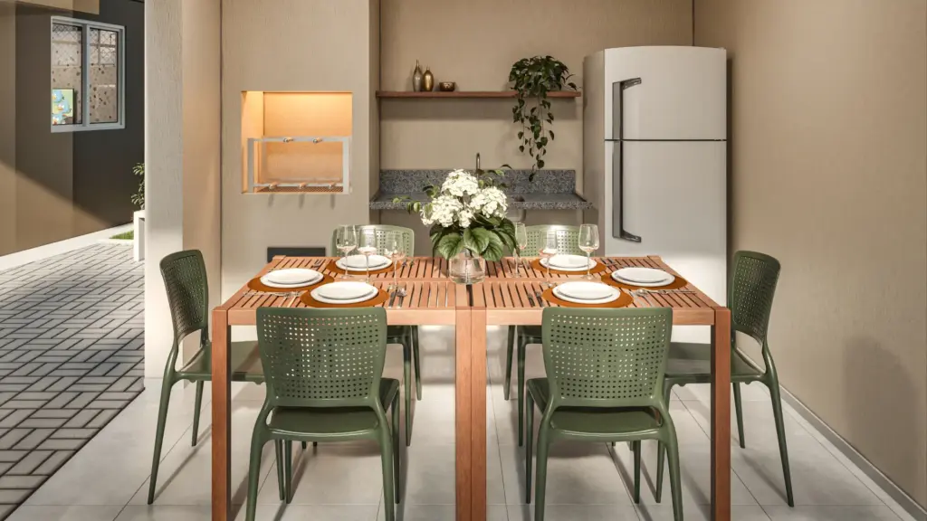 Abytá Santo Amaro, salão de festas com mesa posta e cozinha de apoio