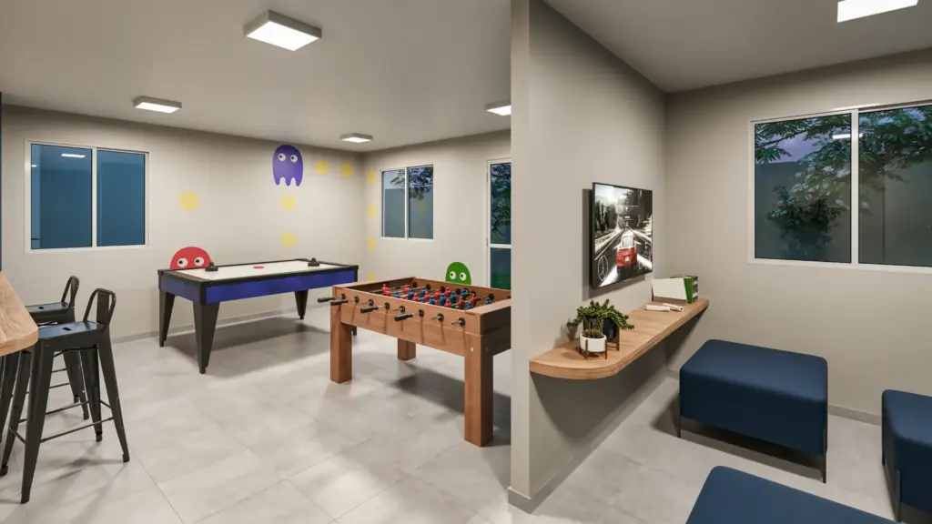 Abytá Santo Amaro, sala de jogos com pebolim e tênis de mesa