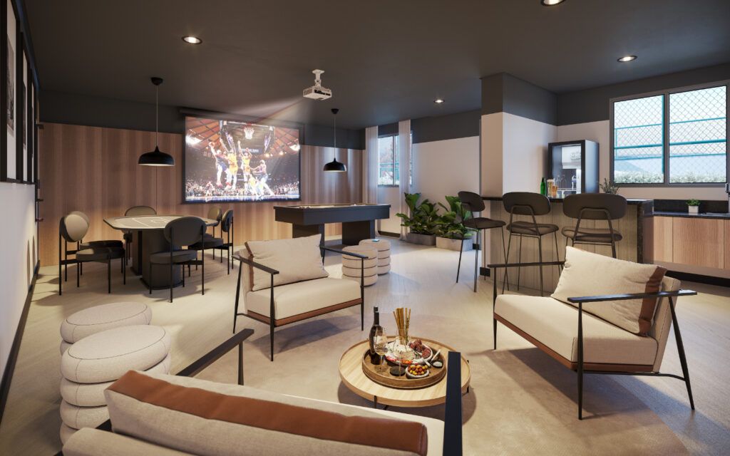 Alto Chácara Santo Antônio, lounge de convívio com poltronas e bar