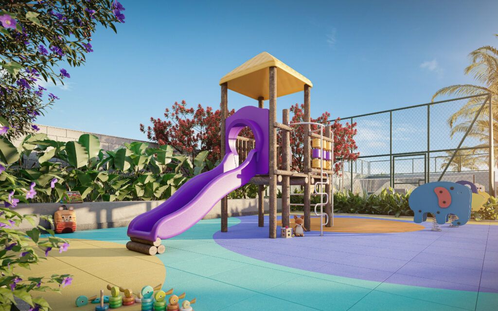 Alto Chácara Santo Antônio, playground com escorregador e piscina ao fundo