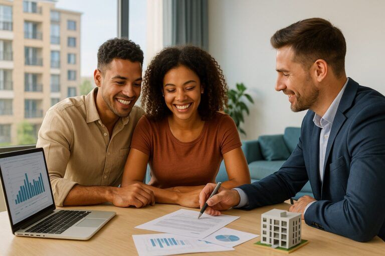 Casal Jovem Brasileiro Sorrindo Com Corretor De Imóveis Enquanto Analisa Contrato De Compra Do Primeiro Apartamento Usando Fgts Pelo Programa Minha Casa Minha Vida.