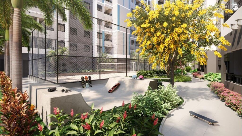Vinx Jurubatuba Home Resort, praça arborizada com bancos e paisagismo