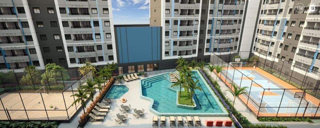 Vinx Jurubatuba Home Resort, vista aérea da área de lazer com piscina entre as torres