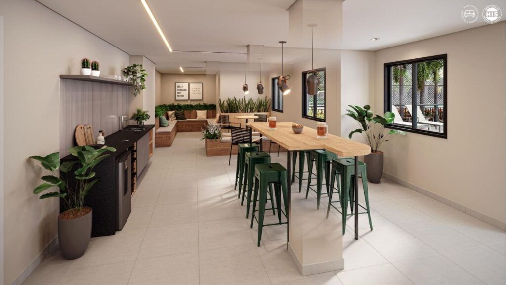 Vinx Jurubatuba Home Resort, lounge com balcão, banquetas e plantas