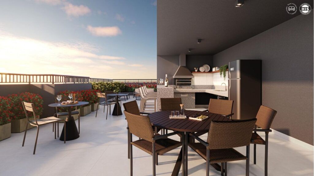 Vinx Jurubatuba Home Resort, espaço gourmet com mesas e vista da cidade
