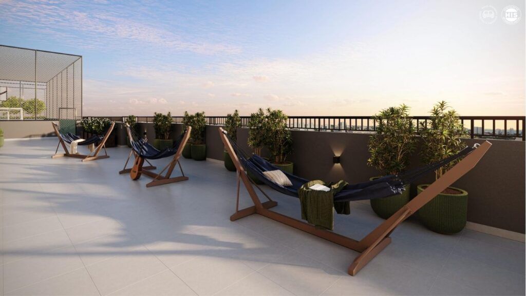 Vinx Jurubatuba Home Resort, deck do terraço com espreguiçadeiras e jardineiras