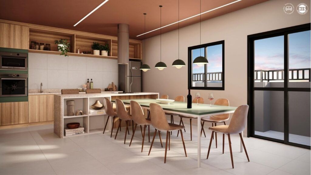 Vinx Jurubatuba Home Resort, espaço gourmet com cozinha integrada e mesa para refeições