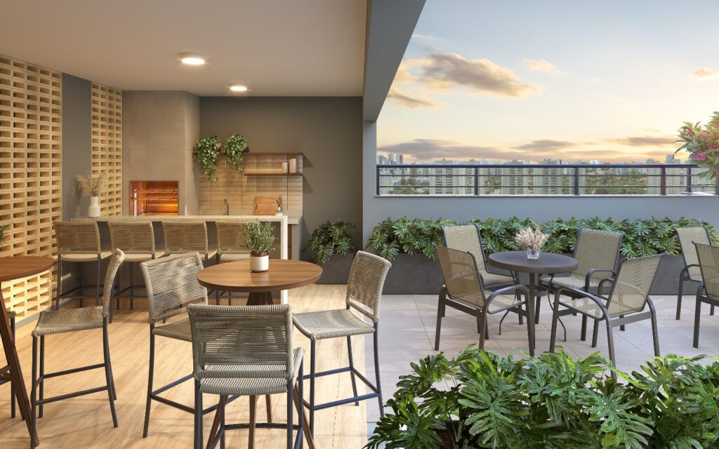 Praça Santo Antônio, espaço gourmet no terraço com mesas e vista