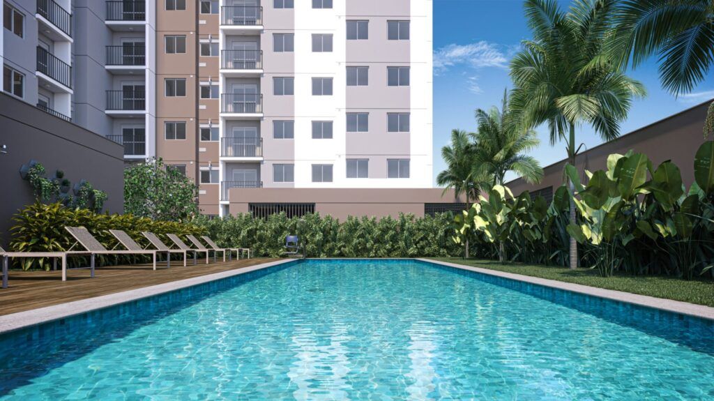 Vibra Nações Unidas, piscina com deck e palmeiras