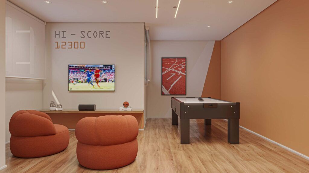 Vibra Nações Unidas, sala de jogos com pebolim e poltronas