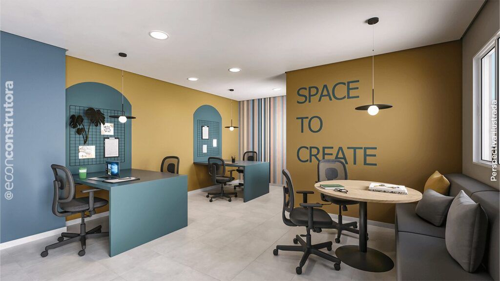 TEE Marajoara, coworking com mesas e área de estar