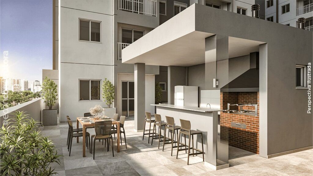 TEE Marajoara, espaço gourmet com bancada e vista do empreendimento