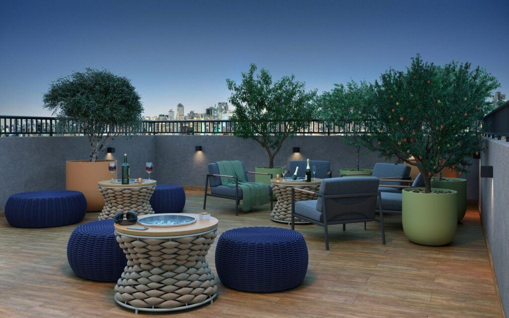 VINX Bresser Mooca, deck do terraço com pufes e paisagismo