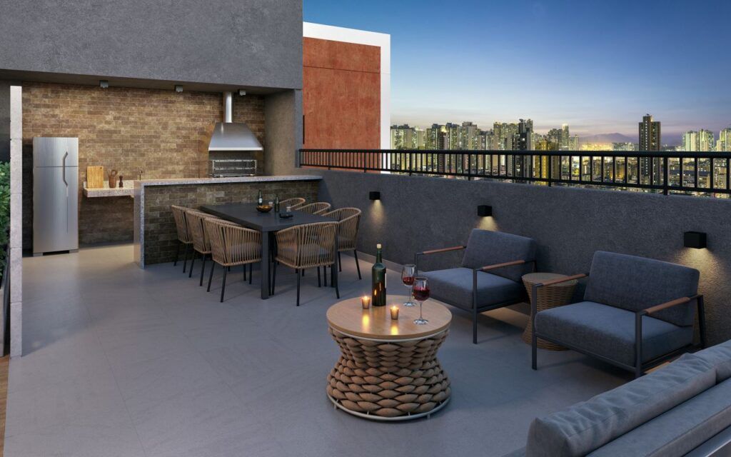 VINX Bresser Mooca, espaço gourmet no terraço com churrasqueira e mesas