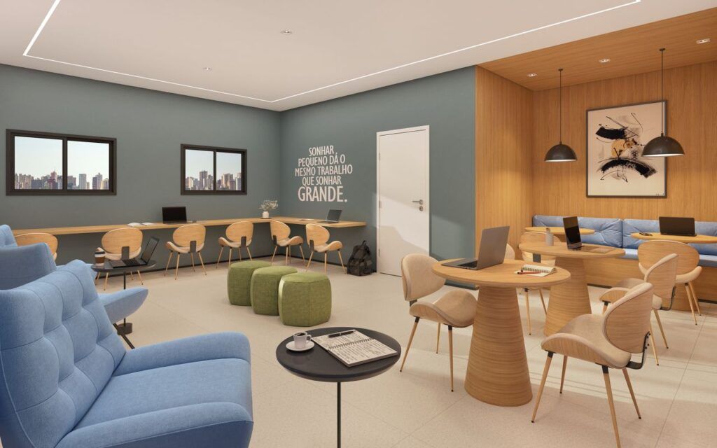 VINX Bresser Mooca, lounge de convívio com sofás e poltronas