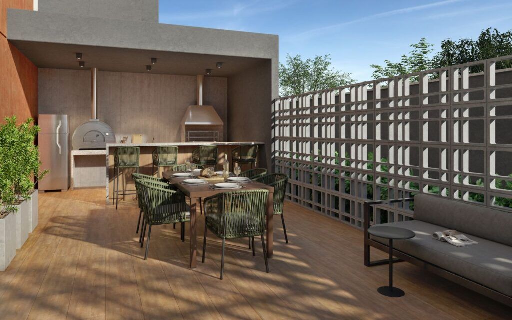 VINX Bresser Mooca, espaço gourmet com mesa e vista do empreendimento