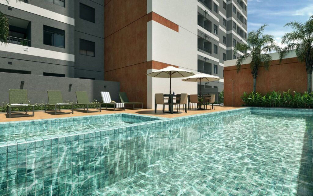 VINX Bresser Mooca, piscina com deck e paisagismo