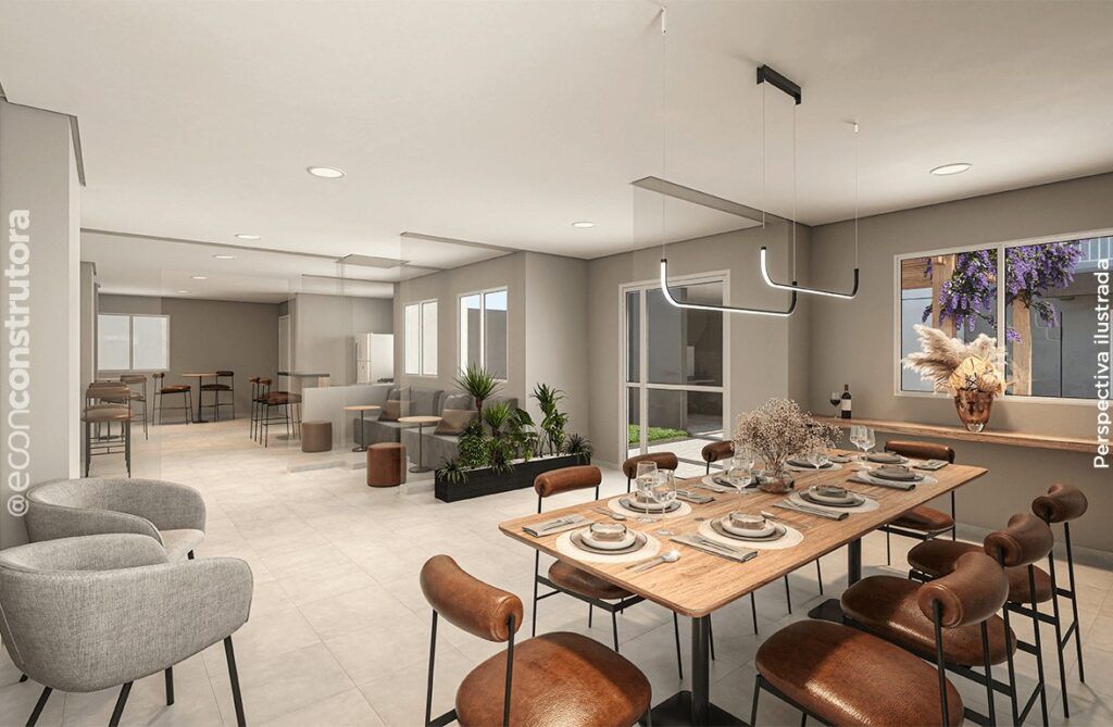 Vibe Aricanduva, salão de festas com mesa de refeições e cozinha de apoio