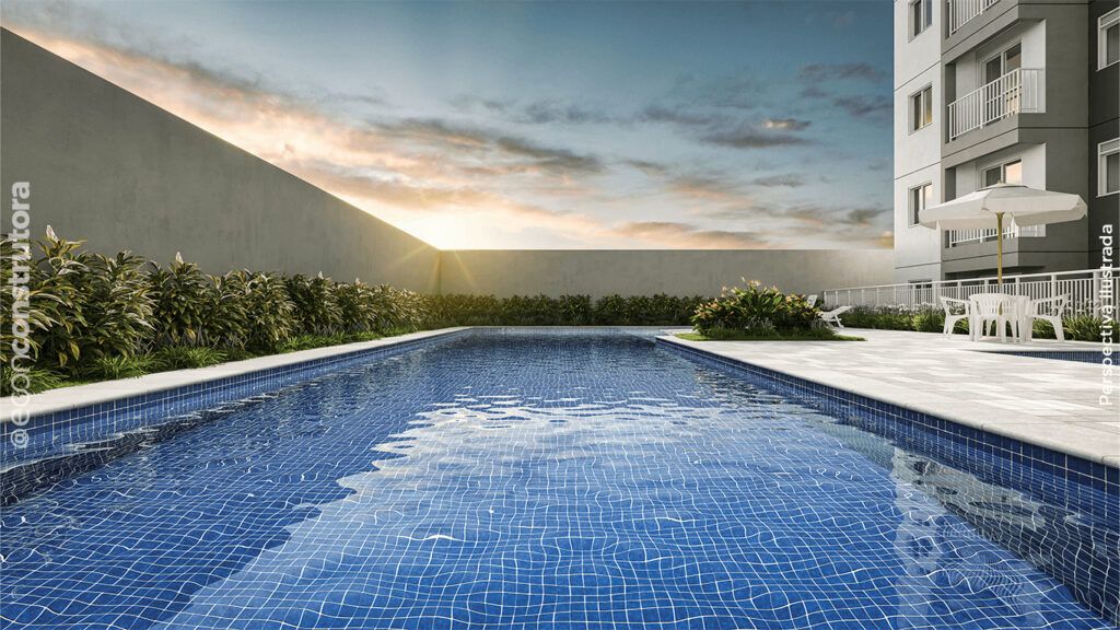 Vibe Aricanduva, piscina com deck e vista ao entardecer