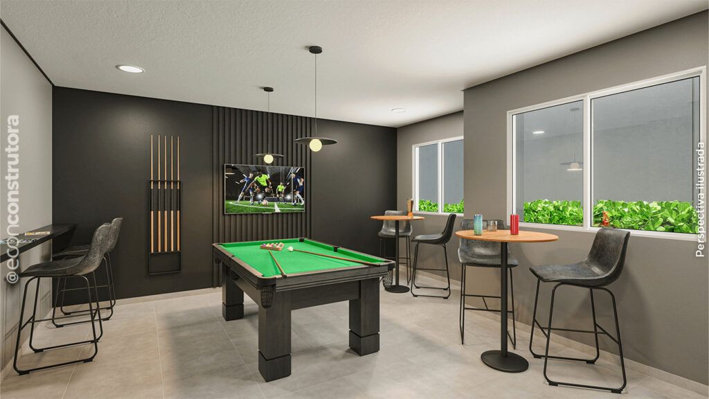 Vibe Aricanduva, sala de jogos com mesa de sinuca e área de estar