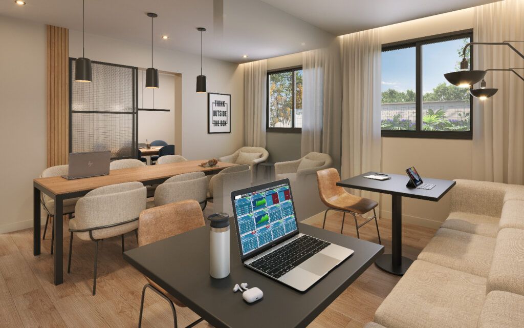 Modern Mooca, coworking com mesa de trabalho e área de estar