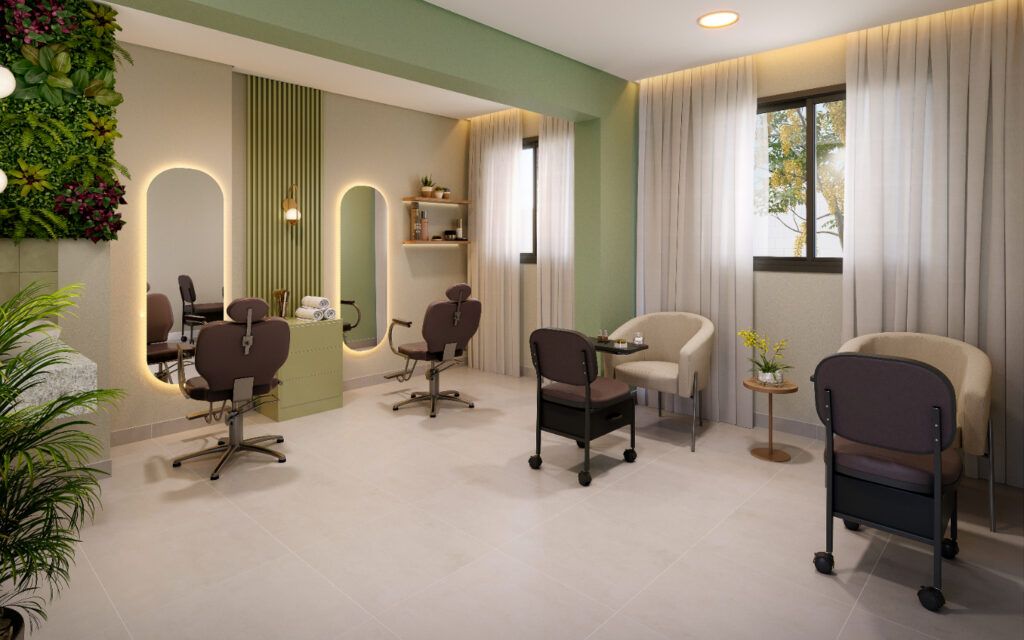 Modern Mooca, espaço beauty com poltronas e bancadas