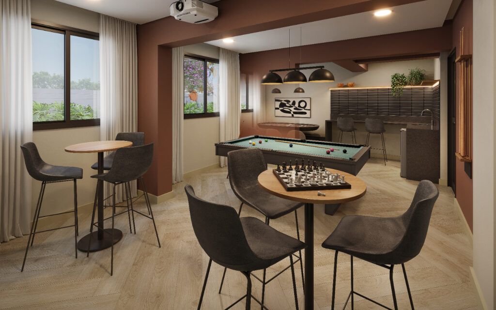 Modern Mooca, sala de jogos com mesa de sinuca e mesas de apoio