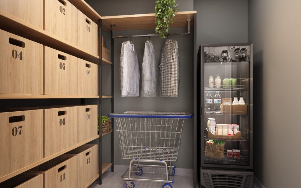 Modern Mooca, espaço delivery com armários e geladeira