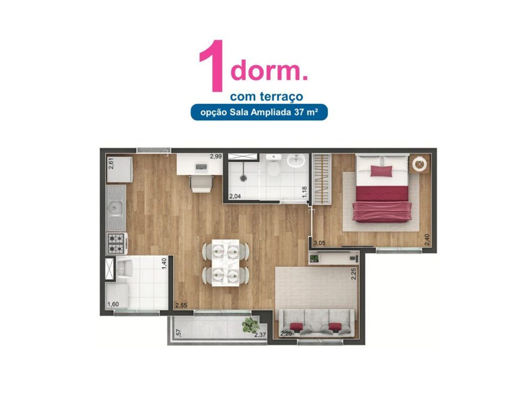 Vibe Aricanduva, planta de 1 dormitório com terraço, opção 1