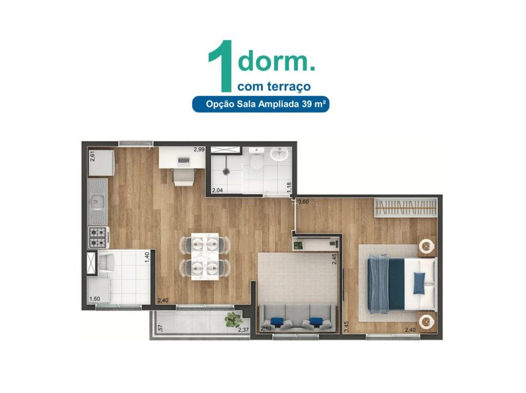 Vibe Aricanduva, planta de 1 dormitório com terraço, opção 1