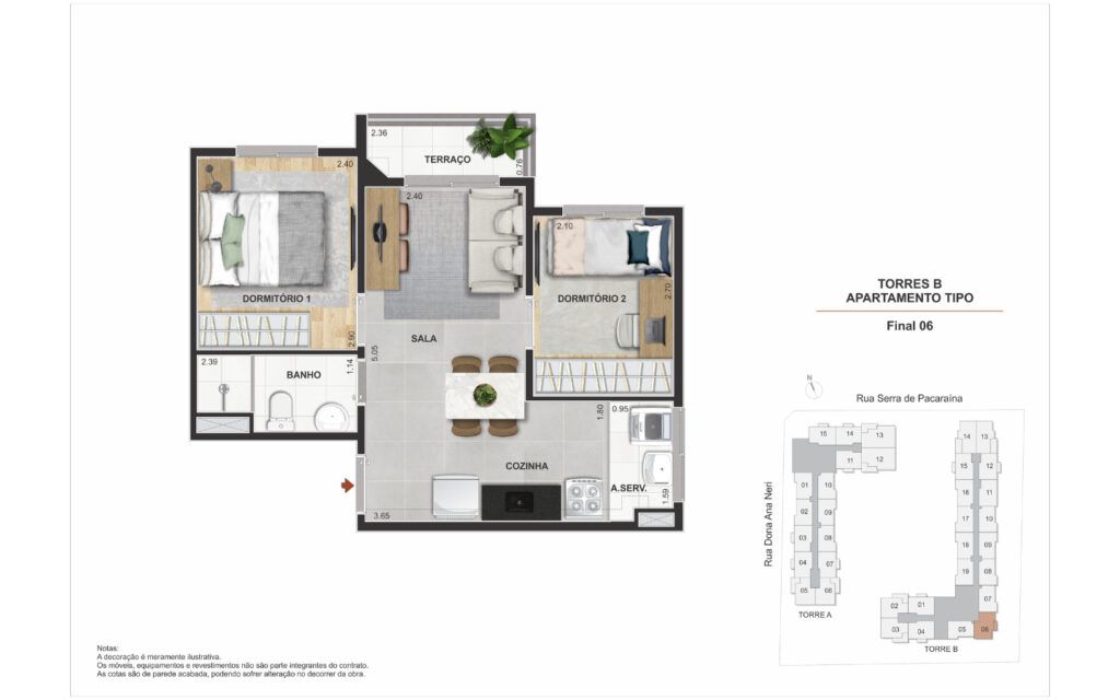 Modern Mooca, planta de 2 dormitórios com terraço, opção 1