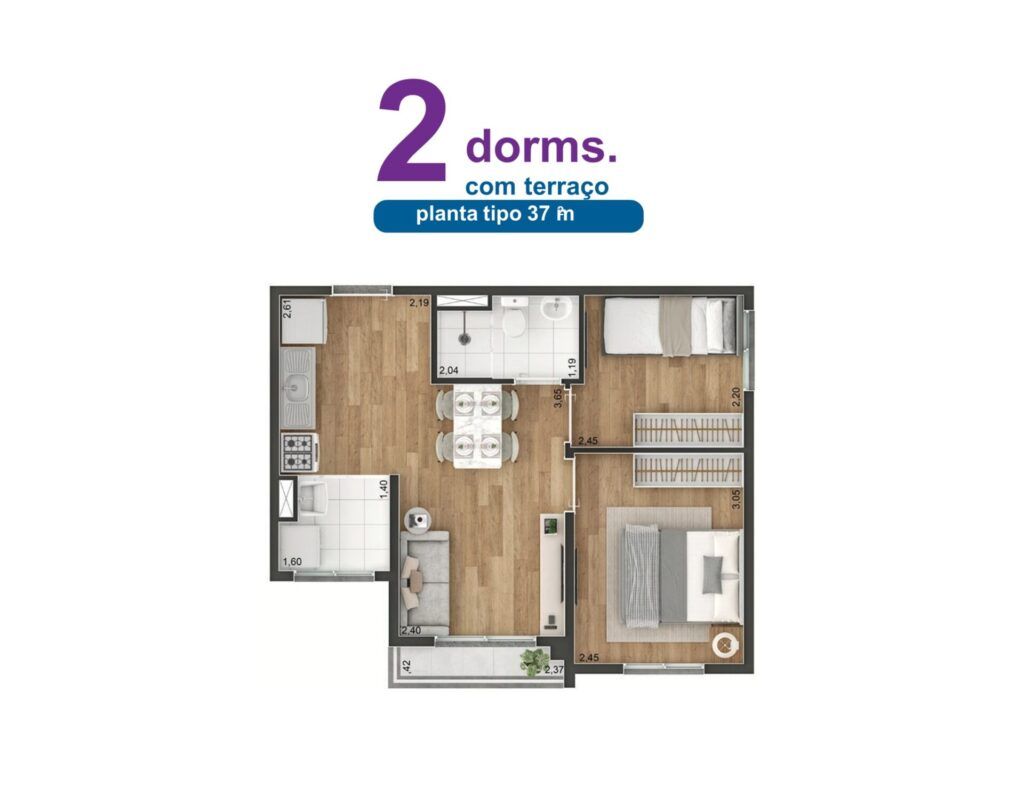 Vibe Aricanduva, planta de 2 dormitórios com terraço, opção 1