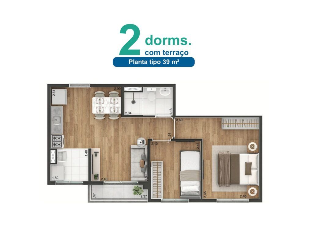 Vibe Aricanduva, planta de 2 dormitórios com terraço, opção 1