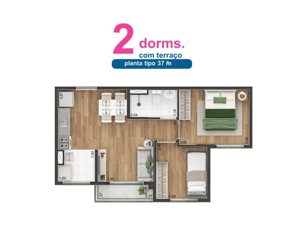 Vibe Aricanduva, planta de 2 dormitórios com terraço, opção 2