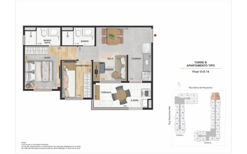 Modern Mooca, planta de 2 dormitórios com suíte e terraço, opção 2