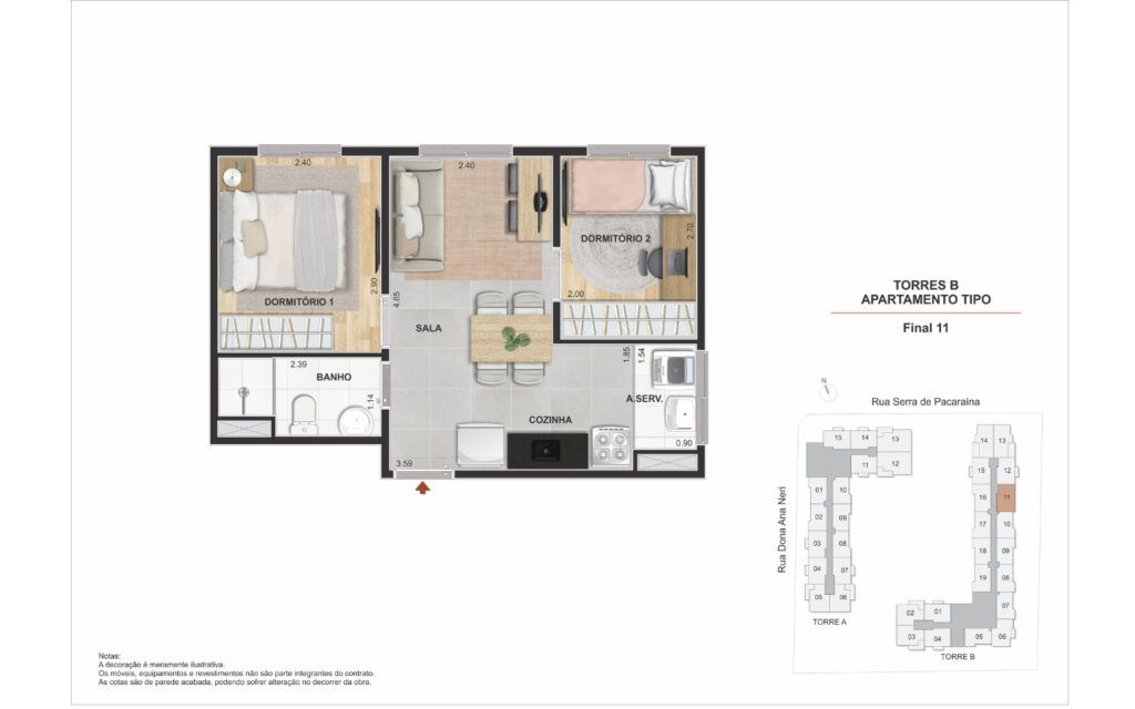 Modern Mooca, planta de 2 dormitórios com terraço, opção 3