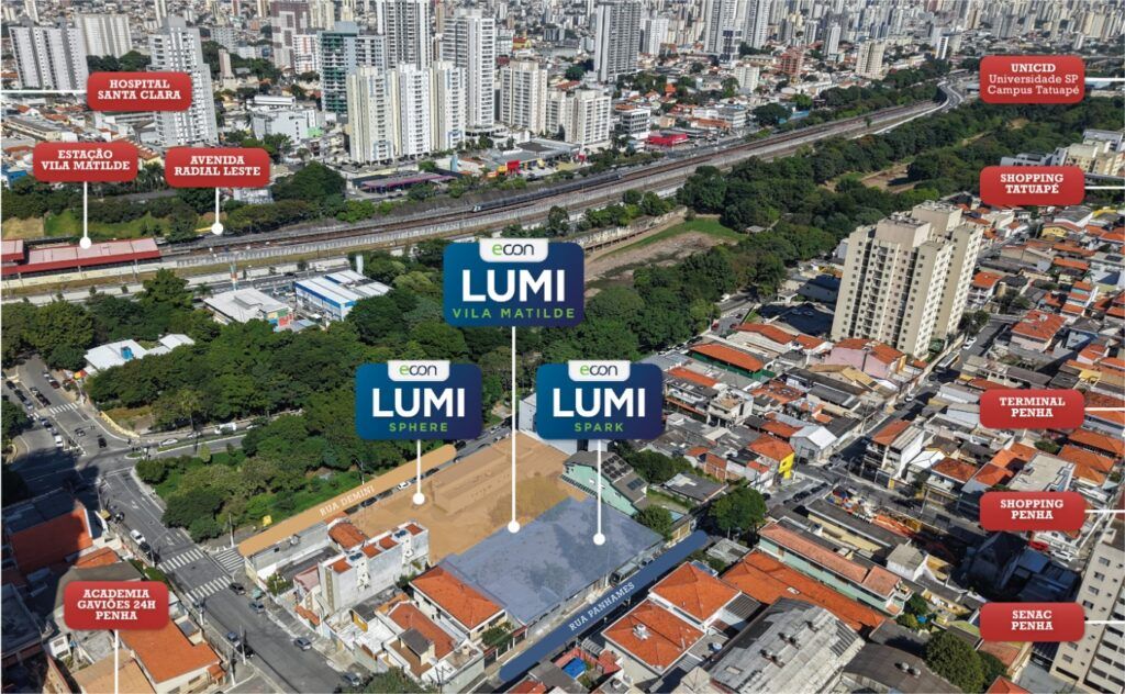 Lumi Sphere Vila Matilde, vista aérea do bairro com pontos de interesse