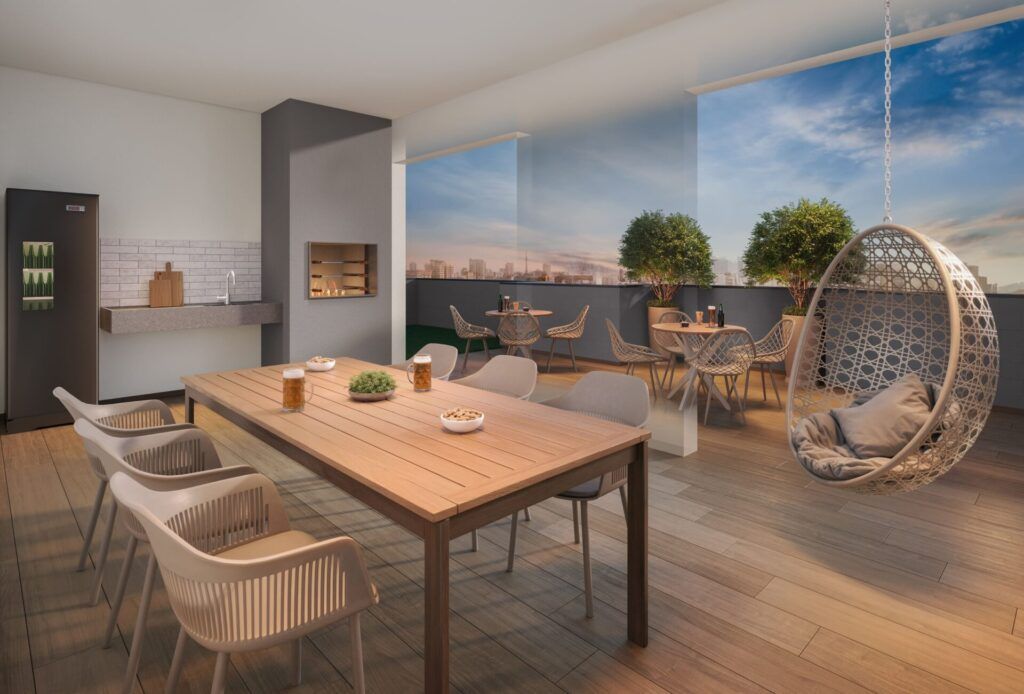 Vivaz Selection Santo Amaro, espaço gourmet com mesa, cadeiras suspensas e vista