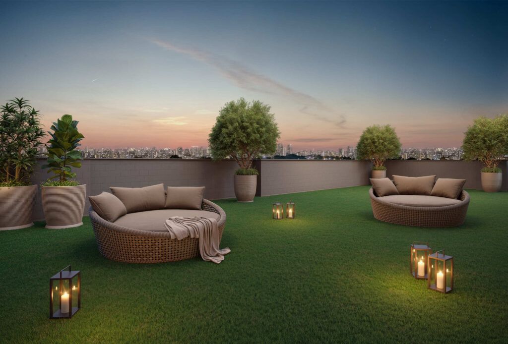 Vivaz Selection Santo Amaro, deck do terraço com pufes e gramado ao entardecer