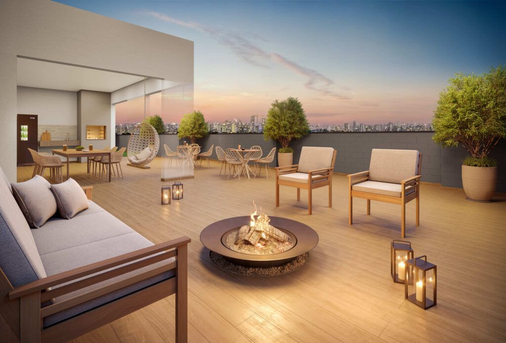 Vivaz Selection Santo Amaro, deck do terraço com lareira externa e sofás
