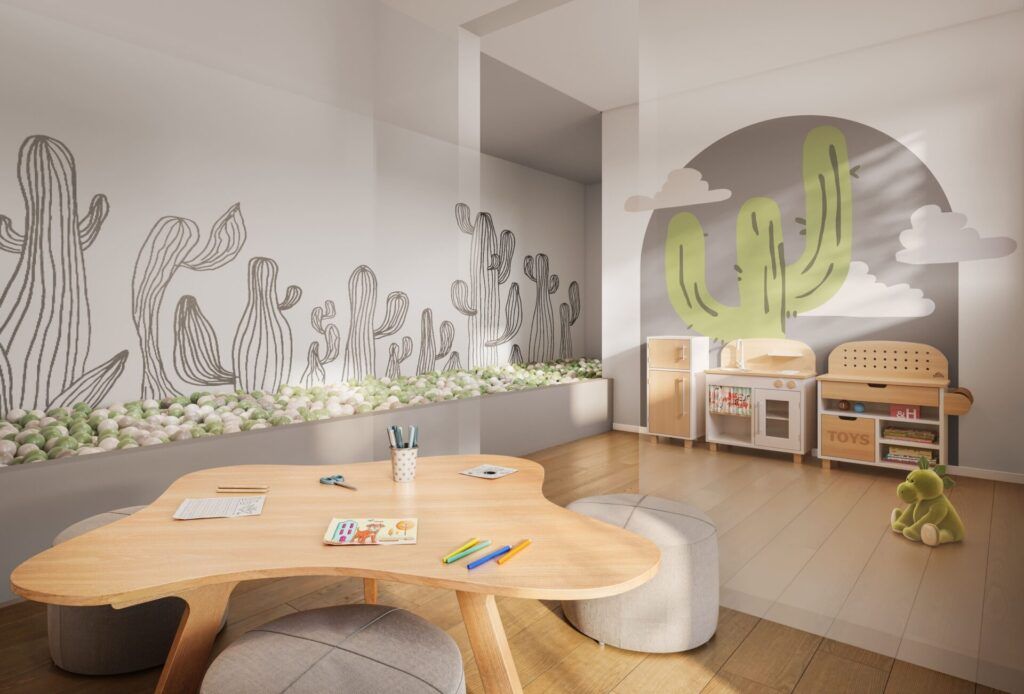 Vivaz Selection Santo Amaro, brinquedoteca com mesa infantil e painel decorativo