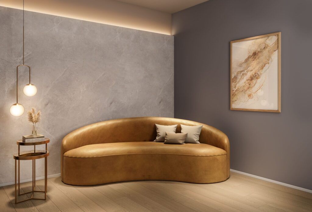 Vivaz Selection Santo Amaro, lounge com sofá curvo e mesa de apoio