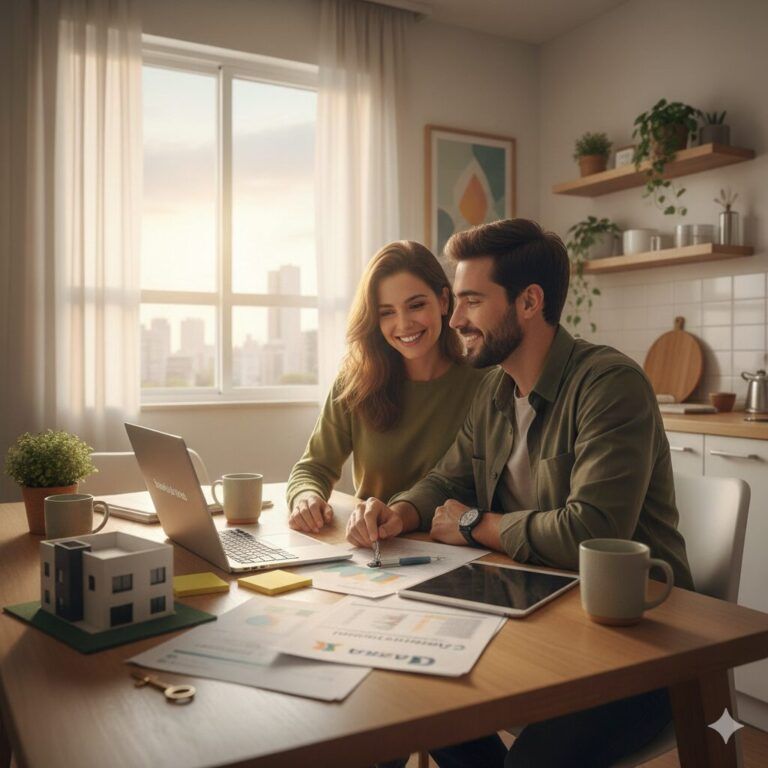 Casal Jovem De Classe Média Planejando A Compra Do Primeiro Apartamento Pelo Programa Minha Casa Minha Vida 2026, Revisando O Orçamento Com Sorrisos De Esperança Em Um Ambiente Realista E Acolhedor.