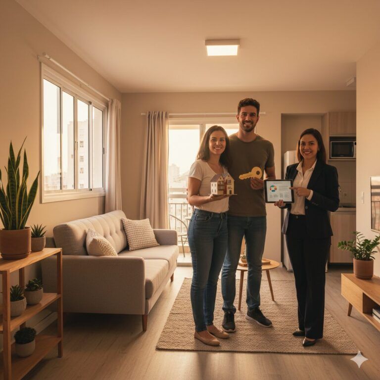 Casal Sorridente Segurando A Chave Do Primeiro Apartamento Conquistado Pelo Programa Minha Casa Minha Vida 2025, Representando A Compra Com Entrada Facilitada, Uso Do Fgts E Subsídio Do Governo. Imagem Em Um Lar Moderno E Acolhedor Com Luz Natural, Simbolizando O Sonho Da Casa Própria Realizado Com A Iapartamentos Conquista.